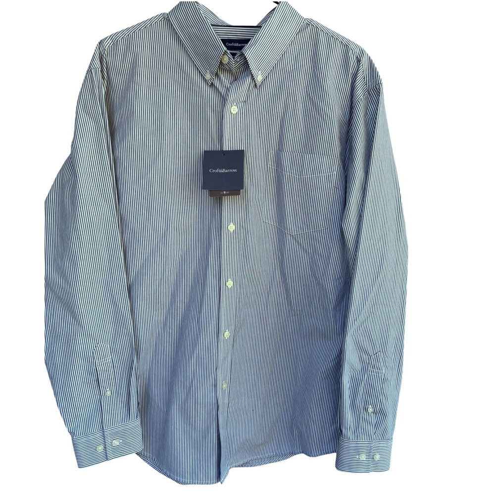 Croft & Barrow Mens Large Blue White Striped‎ Button Down Shirt Easy Care NWT